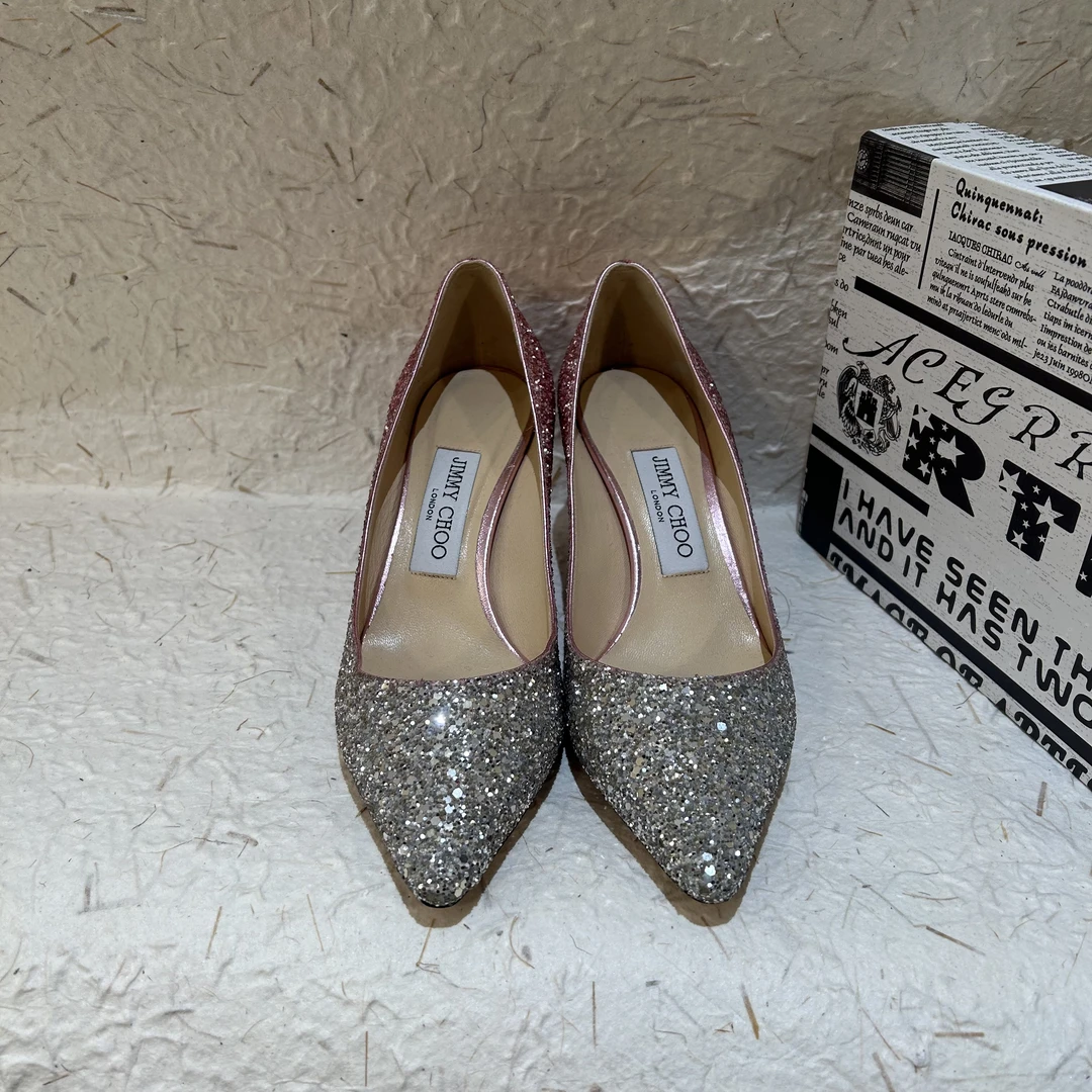 99新  周仰杰JIMMY CHOO /粉白色渐变亮片高跟鞋 /38码