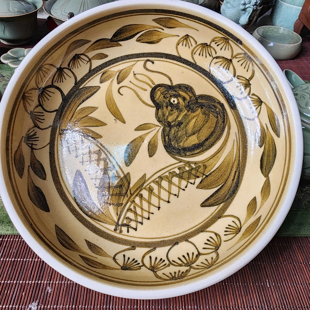 【柴窑老货】耀州窑纯手工黄底黑花鱼纹餐盘 二级