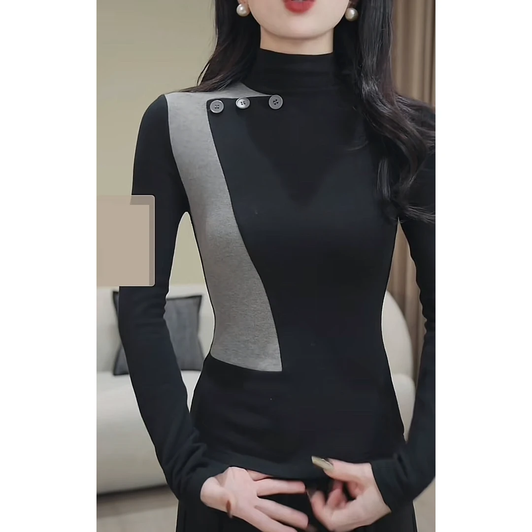 艺等2025半高领气质拼接长袖显瘦T恤秋冬加绒加厚打底衫女上衣潮