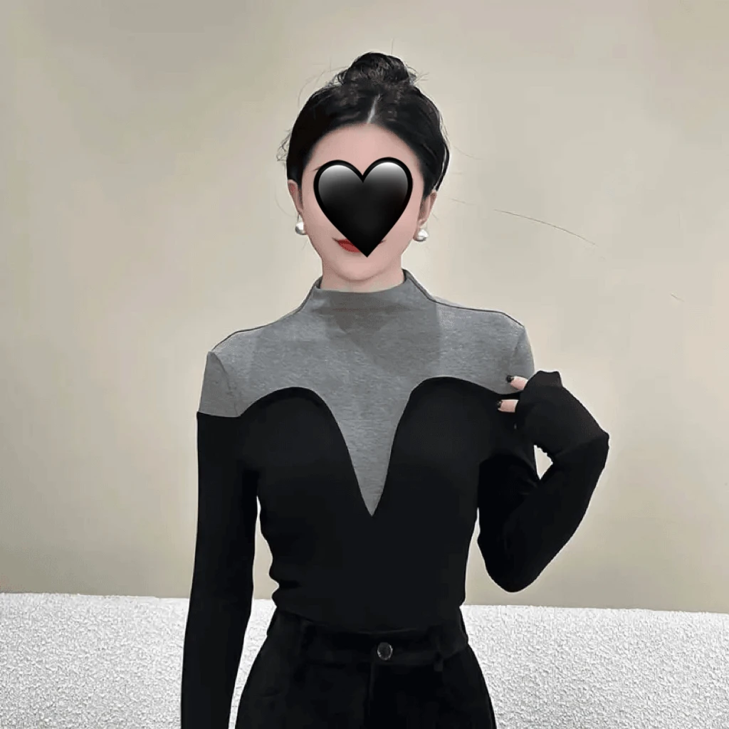 现货~半高领拼接长袖T恤百搭修身显瘦秋季时尚气质小众打底衫上衣