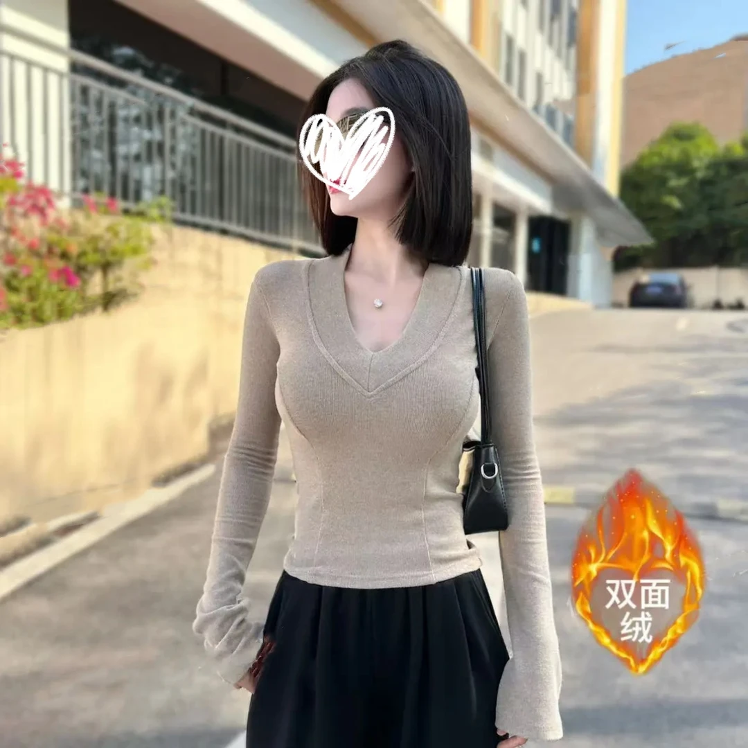 艺等YIDENG 【双面绒】加绒加厚款长袖T恤秋冬高级修身显瘦内搭上衣