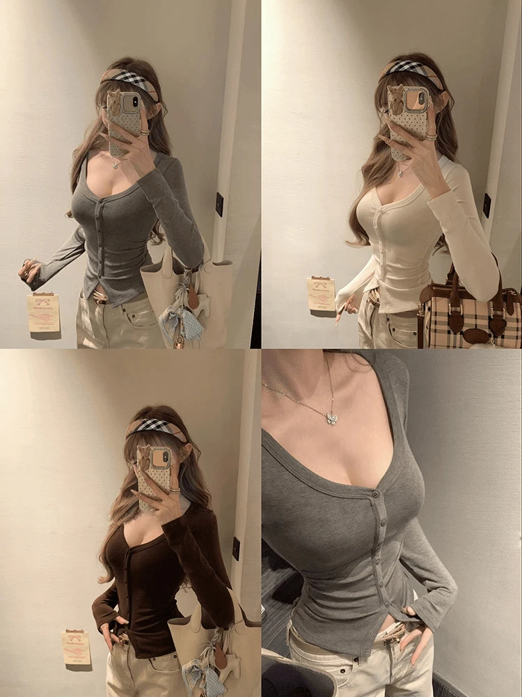 艺等心动韩女 显胸纽扣tee内搭修身打底衫纯欲辣妹v领长袖上衣