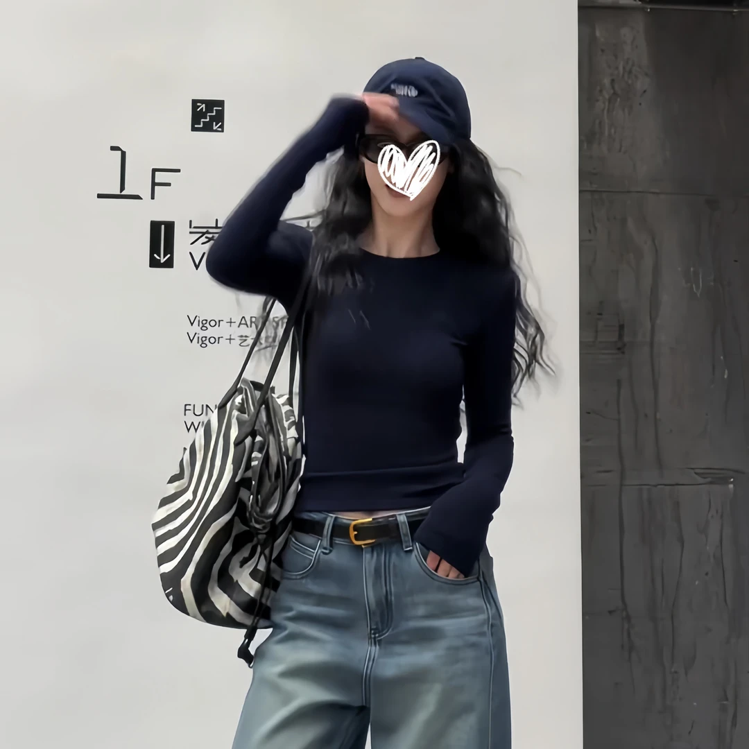 YIDENG美式简约紧身长袖t恤辣妹内搭打底衫修身显瘦纯欲女上衣潮