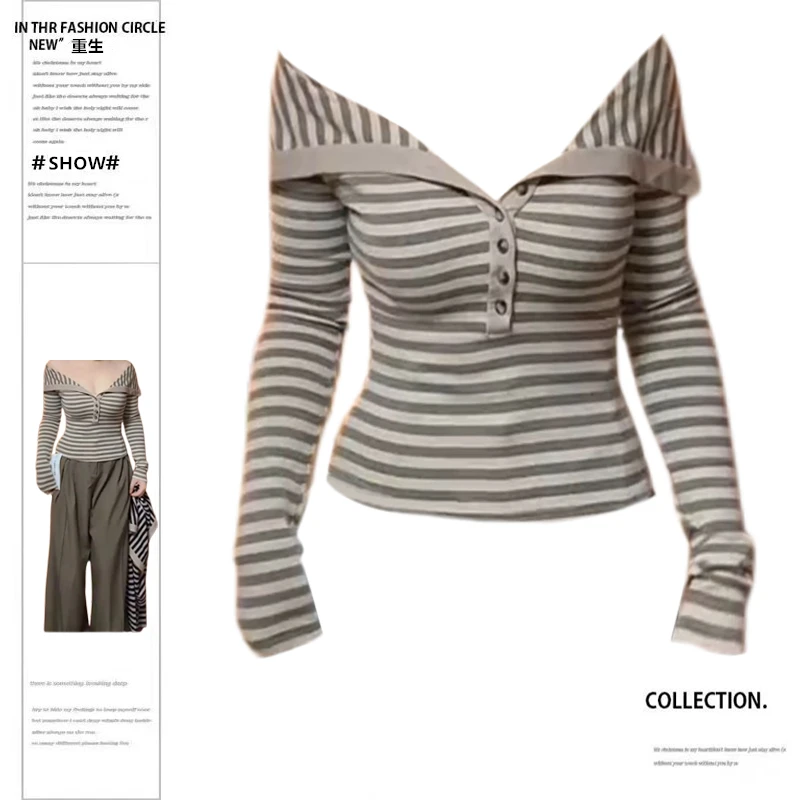 艺等YIDENG纯欲风条纹翻领长袖T恤女秋冬新款修身显瘦海军领上衣