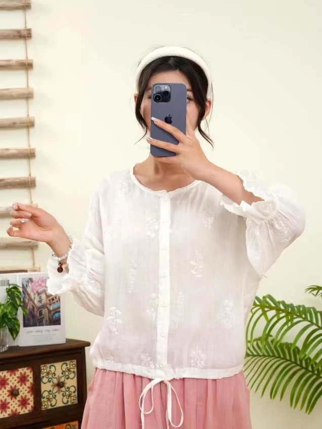 复古甜美木耳花边刺绣衬衣女夏季100%苎麻小衫宽松气质防晒衬衫