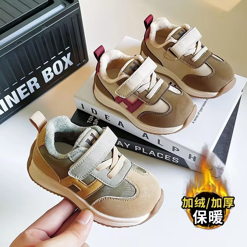 百搭皮面宝宝保暖鞋男童运动鞋秋冬女童新二棉加绒防滑儿童运动鞋