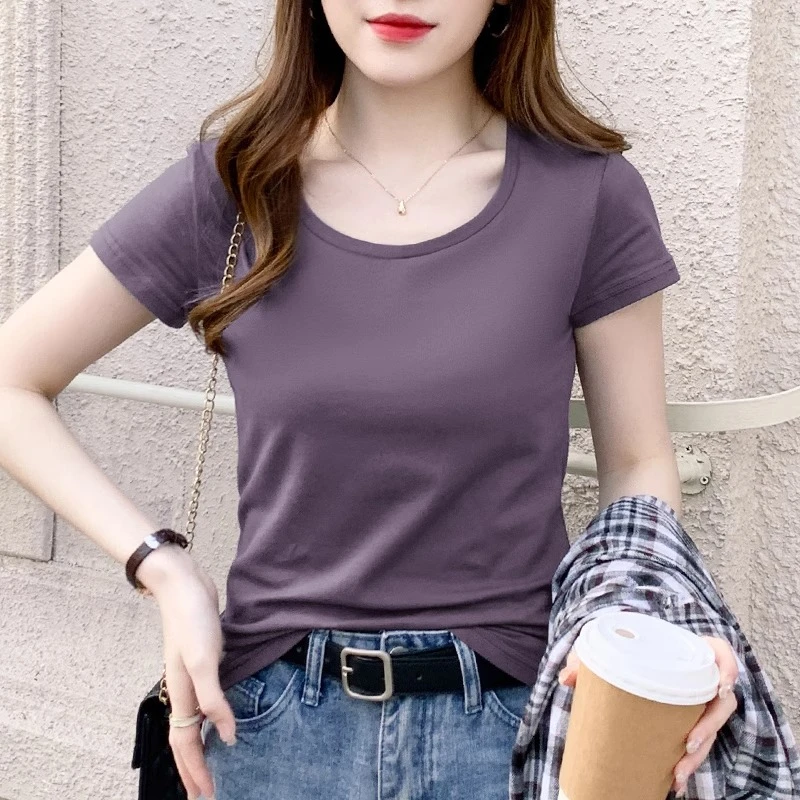 暗紫短袖t恤女修身显瘦大码夏季黑色圆领打底减龄上衣2025年新款