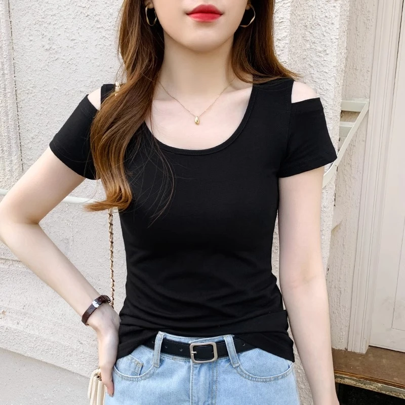 黑色露肩t恤女短袖修身夏季2025新款设计感小众百搭显瘦半袖上衣