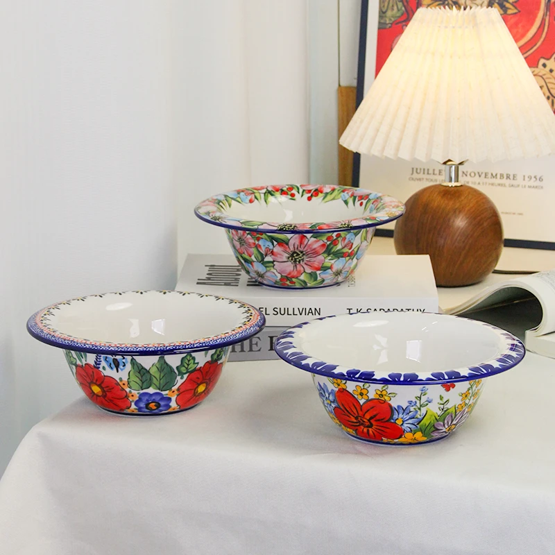 尔下田园风釉下彩家用陶瓷面碗沙拉碗水果碗甜品碗反口面碗草帽碗