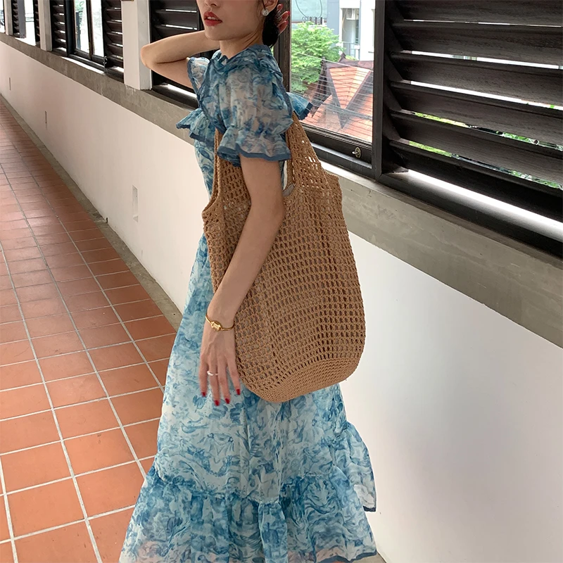 小众复古网格镂空编织单肩包B03