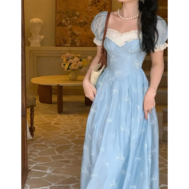 蓝岛夏梦 法式宫廷风蕾丝镂空刺绣连衣裙37041