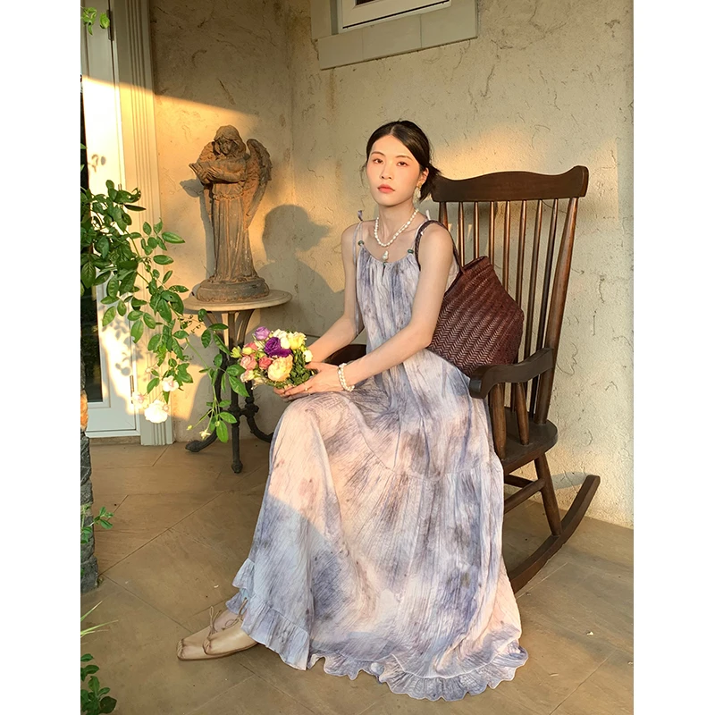 法式度假风设计感晕染宽松吊带连衣裙女春夏新款388054