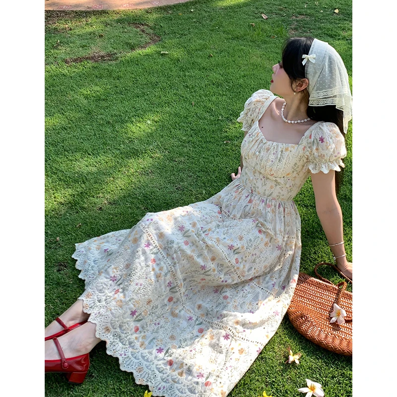 梦境花园 法式复古田园风碎花连衣裙泡泡袖a字长裙女新款38130