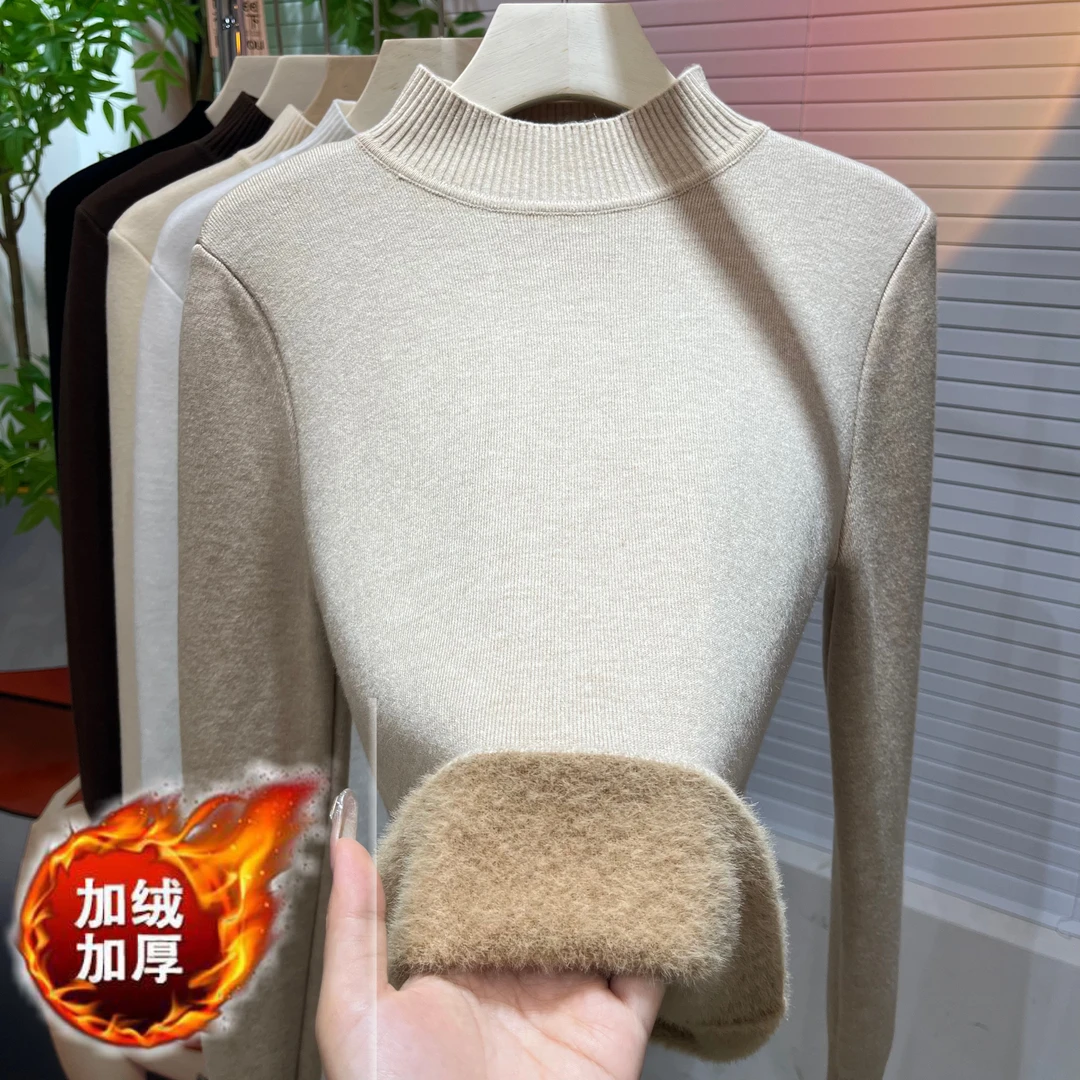 加绒水貂绒半高领毛衣女秋冬新款加厚保暖上衣一体绒打底衫内搭潮