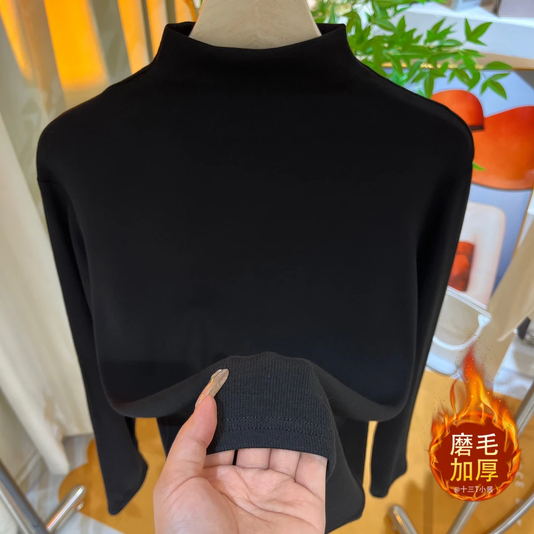 螺纹打底衫秋冬半高领打底衫女长袖T恤坑条高级感修身上衣百搭