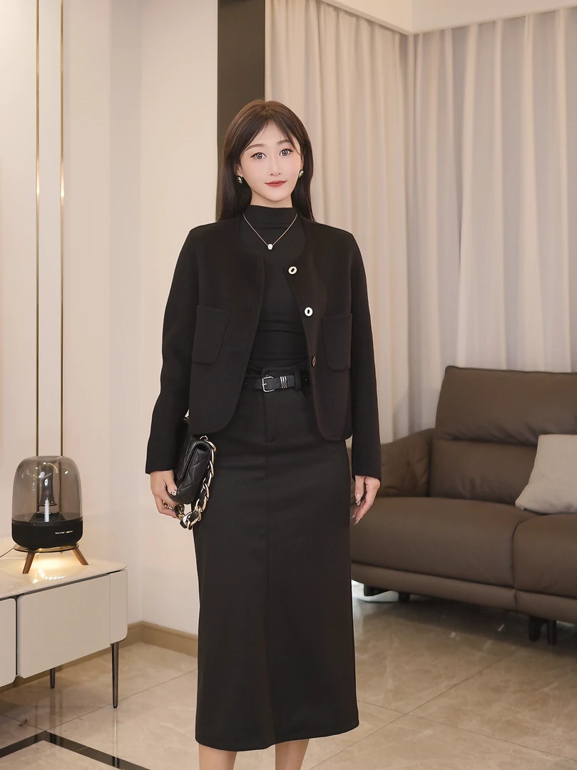 23893#春秋气质羊毛呢短款外套女士时圆领小个子呢大衣