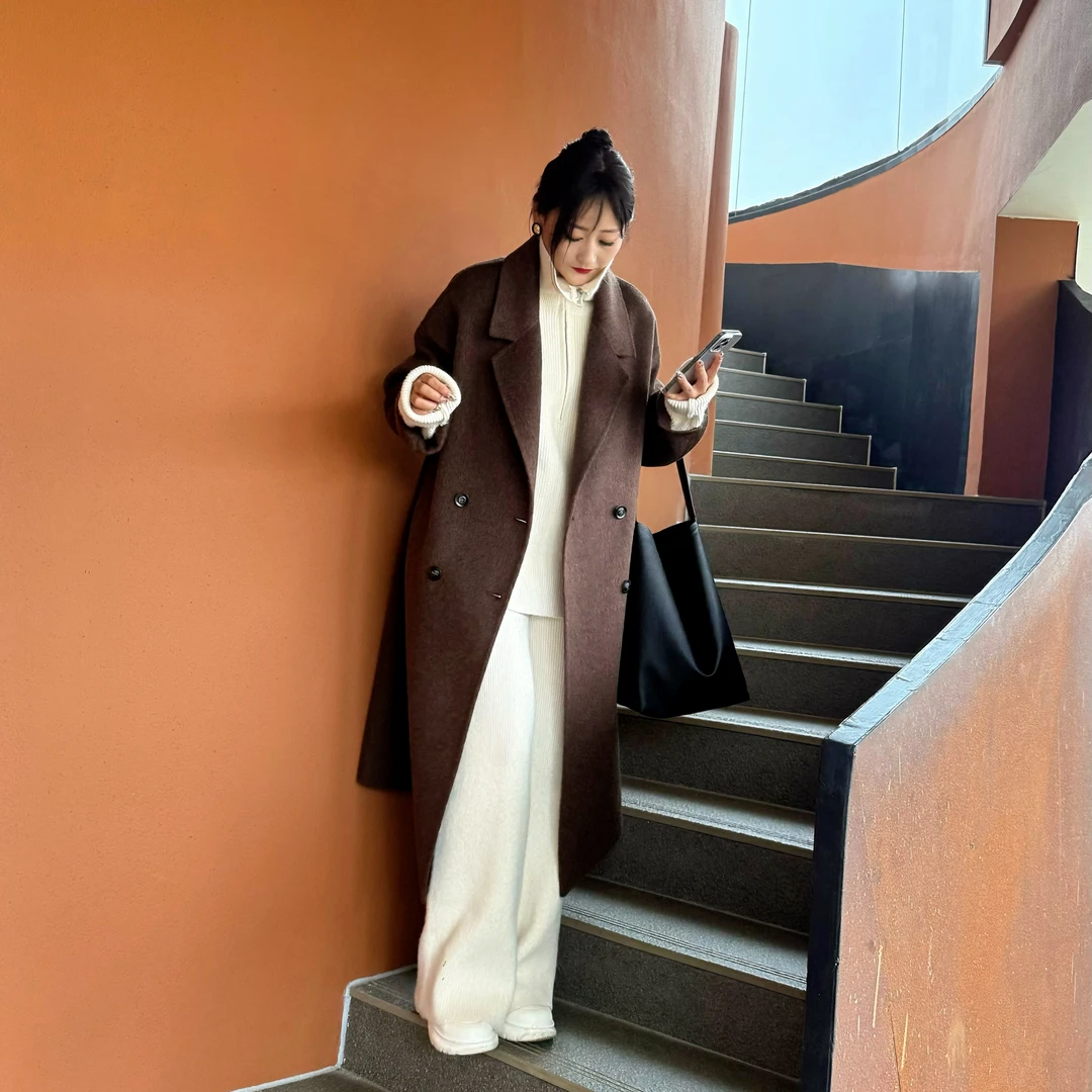 6878【上新】春秋新款美拉德风骆驼绒双面羊毛大衣长款拿铁咖色百搭