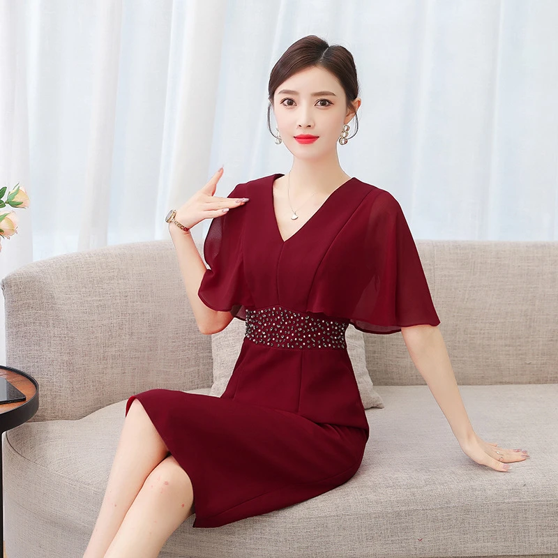 HA1337中年妈妈婚宴婚礼订婚装酒红色小礼服2023夏喜婆婆连衣裙