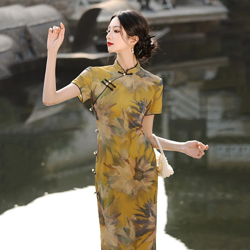 HA1905长款旗袍2024年新款年轻款女日常可穿复古修身传统八扣改良