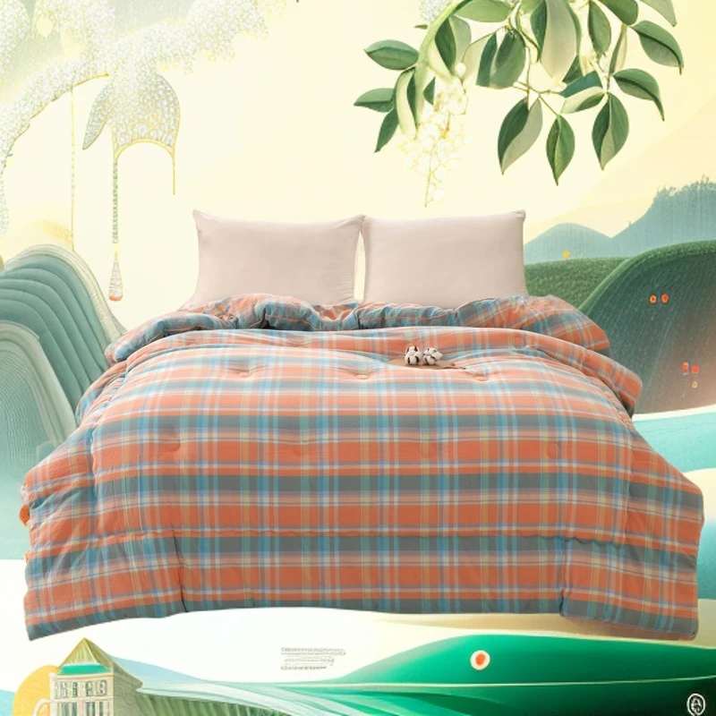 无印风全棉纯棉色织水洗透气大豆纤维被蓬松亲肤柔软软糯轻盈被子