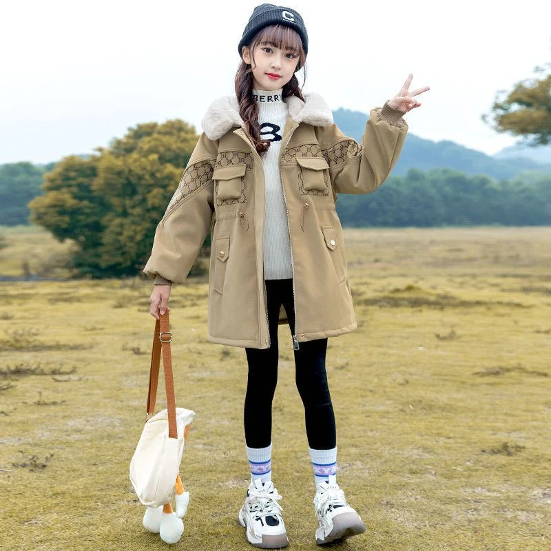 女童加绒外套2023新款冬装中大童洋气棉服冬季加厚连帽派克服潮