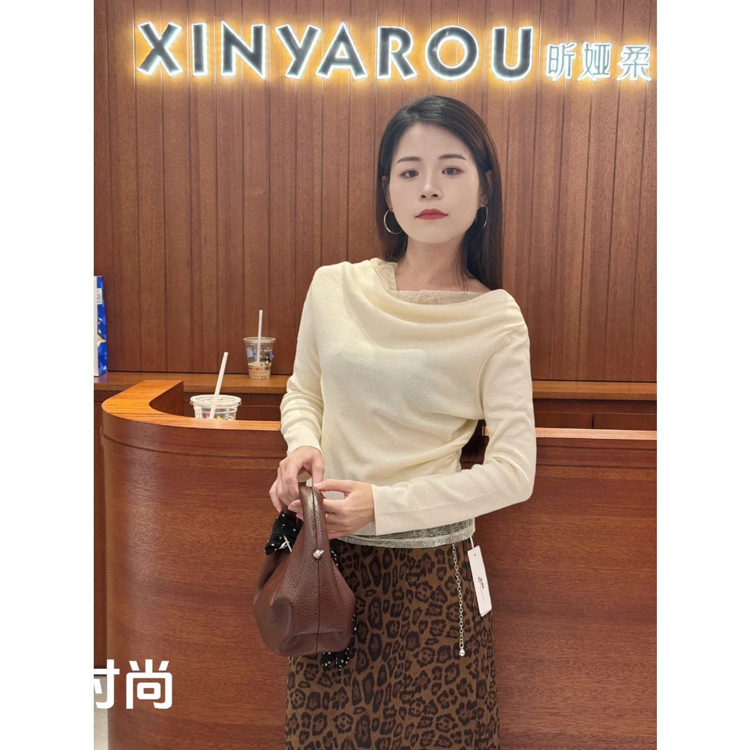 法式蕾丝拼接假两件长袖针织打底衫