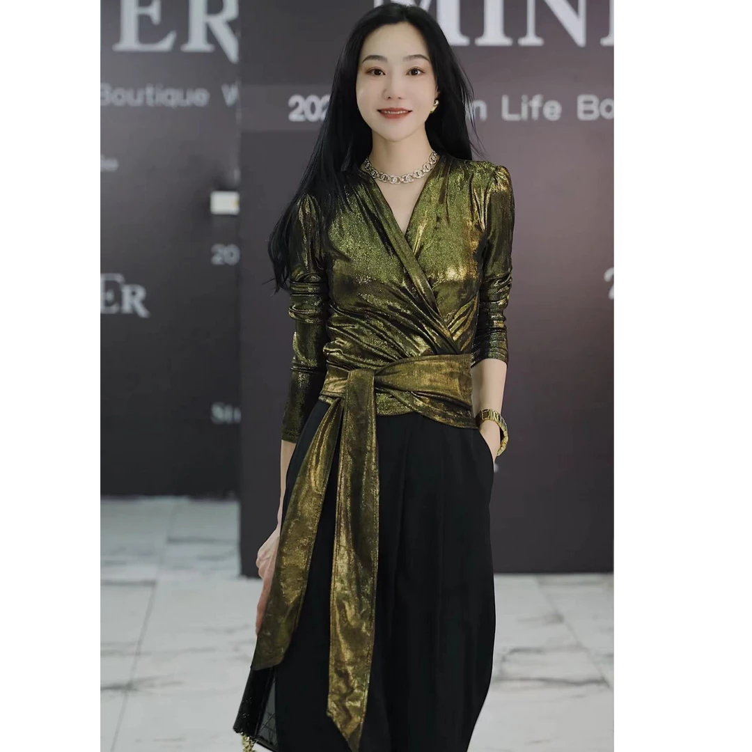 【MINERFUSHI】高端气质款女人味交叉绑带长袖上衣