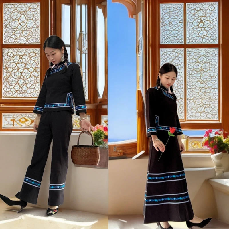 贵州云南广西特色苗族壮族布依族特色定制民族风服装高档蓝色花边