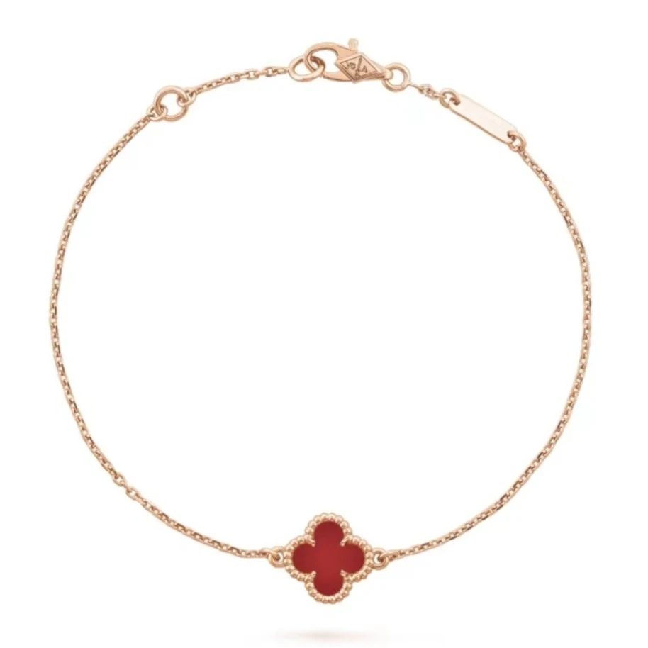 99新 梵克雅宝 18k玫瑰金红玉髓小花手链