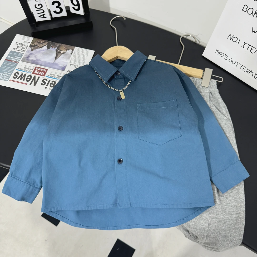 儿童渐变色蓝色衬衫男童2024秋季新款