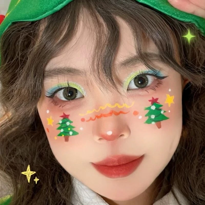 圣诞节懒人妆容贴彩色圣诞树雪花节日可爱男女氛围感派对装扮儿童