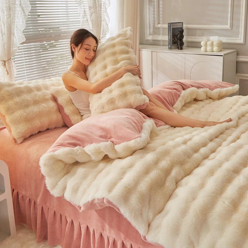兔兔绒牛奶绒四件套床裙款剪花保暖绒四件套加厚双面绒高档床品
