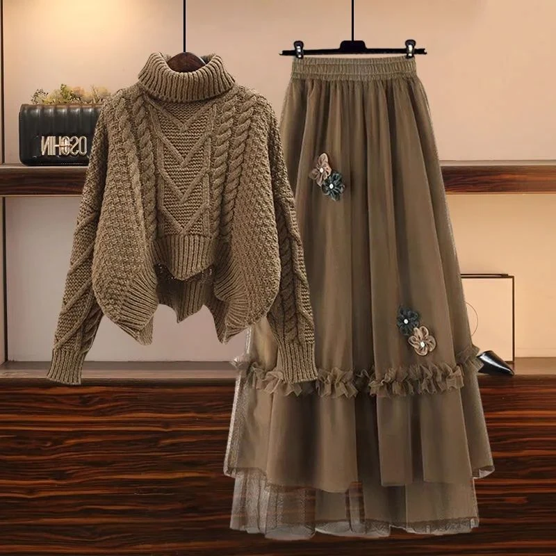秋冬季套装女2024新款气质显瘦高领毛衣女减龄高腰网纱裙子两件套