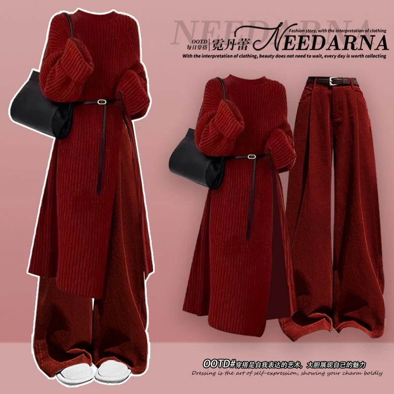 冬季套装女2024新款安可拉红圣诞穿搭开叉针织毛衣搭休闲裤两件套