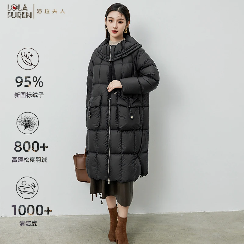 【洛拉夫人】95%白鸭绒 设计款大翻领云感柔软羽绒服女过膝冬外套