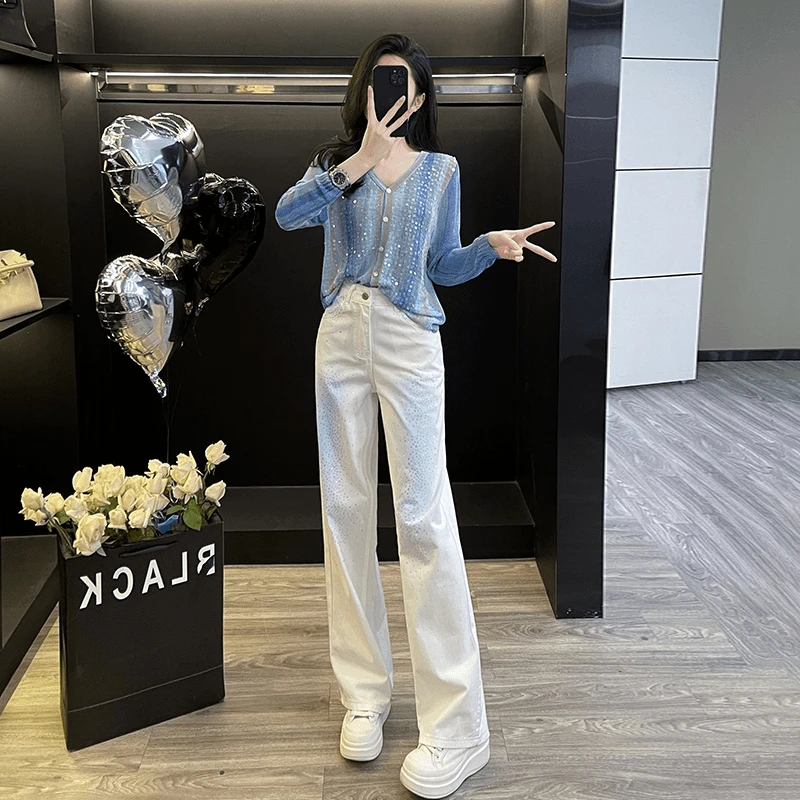 早秋新款时尚休闲多巴胺减龄套装女亮片针织衫显瘦烫钻牛仔长裤潮