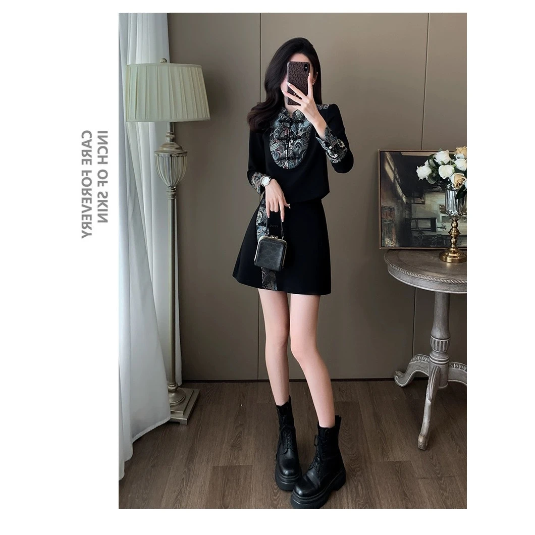 2024年新款女装重工中国风时尚套装裙春秋显瘦气质高级感短裙子