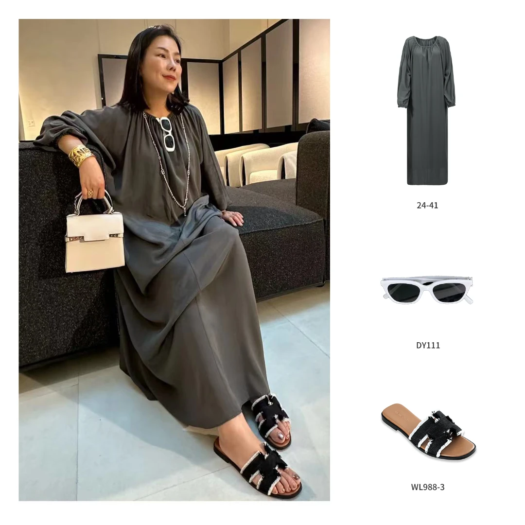 MY WANTS“天外来客“女士春夏季真丝轻奢老钱风长袖连衣裙24-41