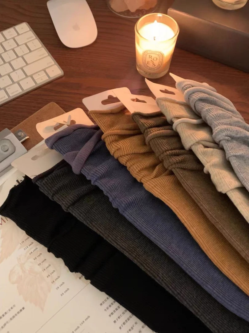 (买三送一)奶咖色竖条纹磨毛堆堆袜子女中筒袜ins潮 秋冬季女袜