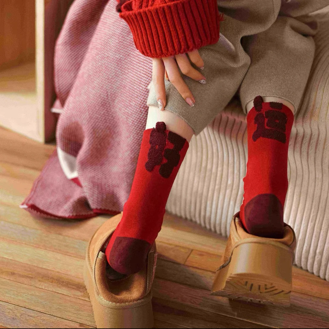 本命年新年红袜子设计师款后跟立体暴富发财好运袜中性款长袜Y789