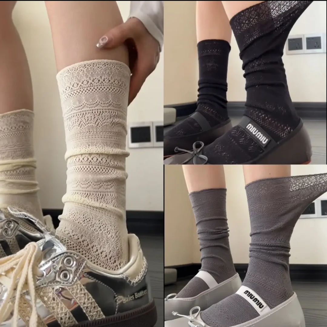 蕾丝薄袜子女夏季堆堆袜JK网眼小腿透气中筒袜ins外穿潮流镂空袜