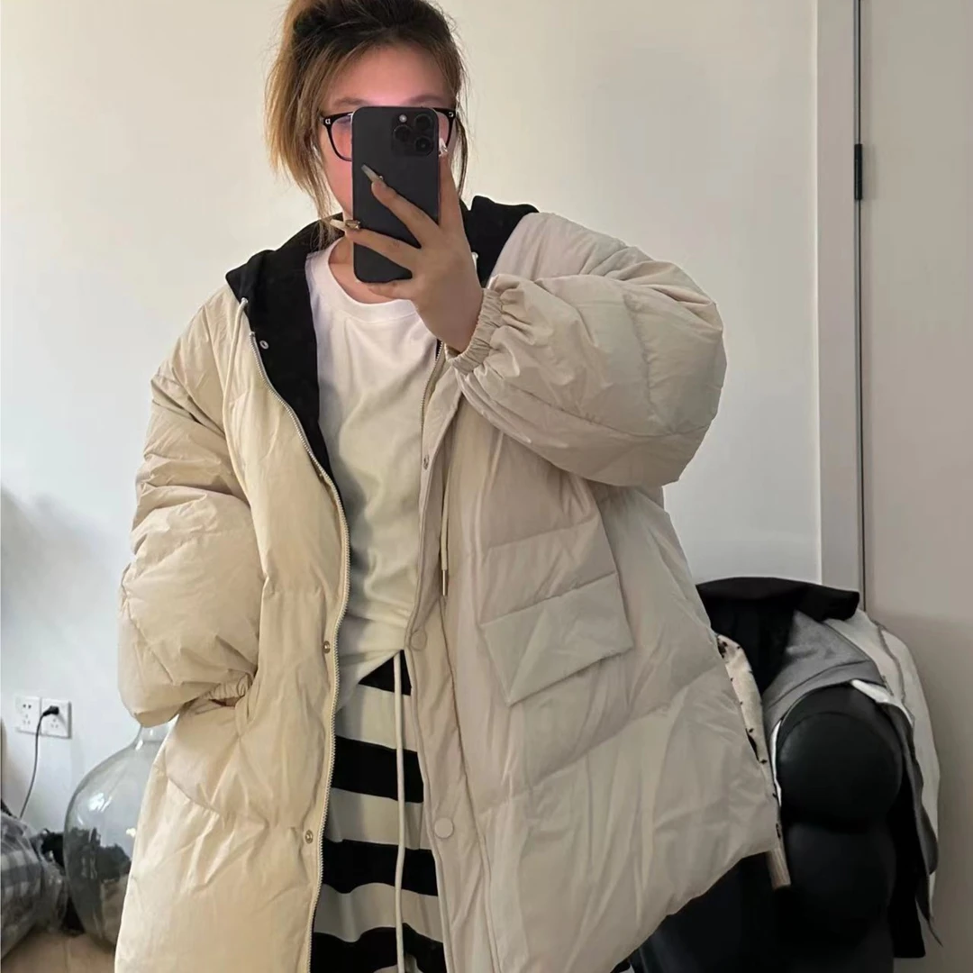 【吃不饱饱】大码冬季御寒密码慵懒宽松显瘦撞色连帽羽绒服YL102