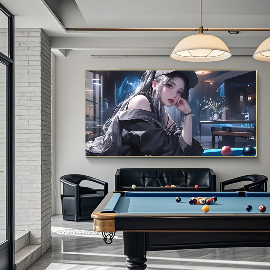 台球厅装饰画二次元动漫美女台球俱乐部横幅挂画桌球室文化墙壁画