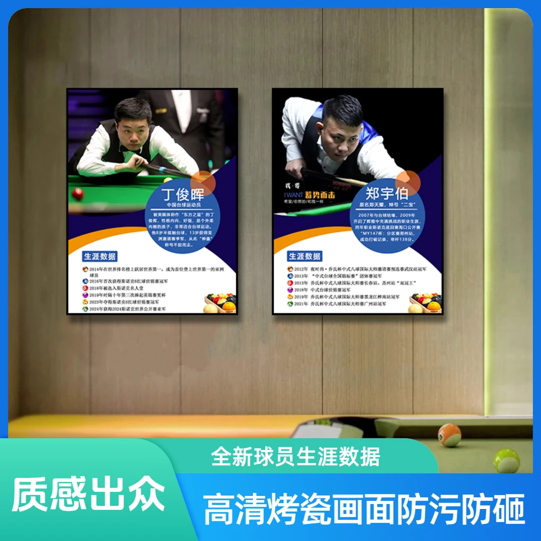 台球厅装饰画2024新版人物介绍斯诺克中八球员国家队球员墙上挂画