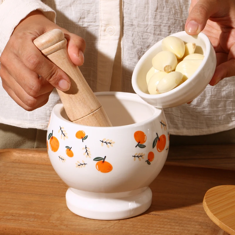 老式擂钵蒜臼子陶瓷捣蒜器家用蒜缸实木棒厨房压蒜手动研磨捣碎器