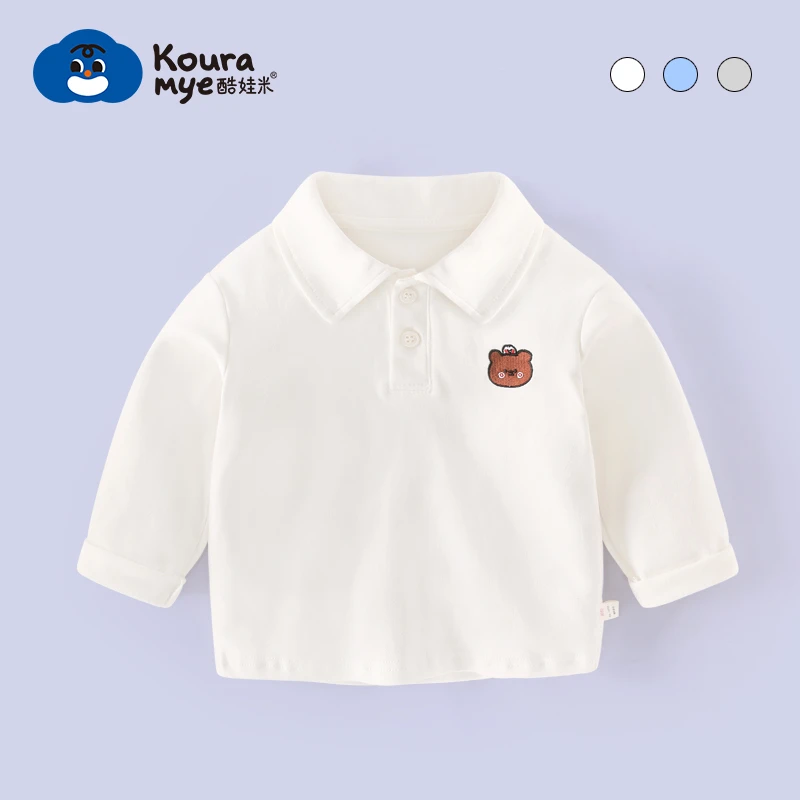 酷娃米春秋韩版衬衣男童潮洋气卡通上衣衣服小熊长袖POLO衫8650