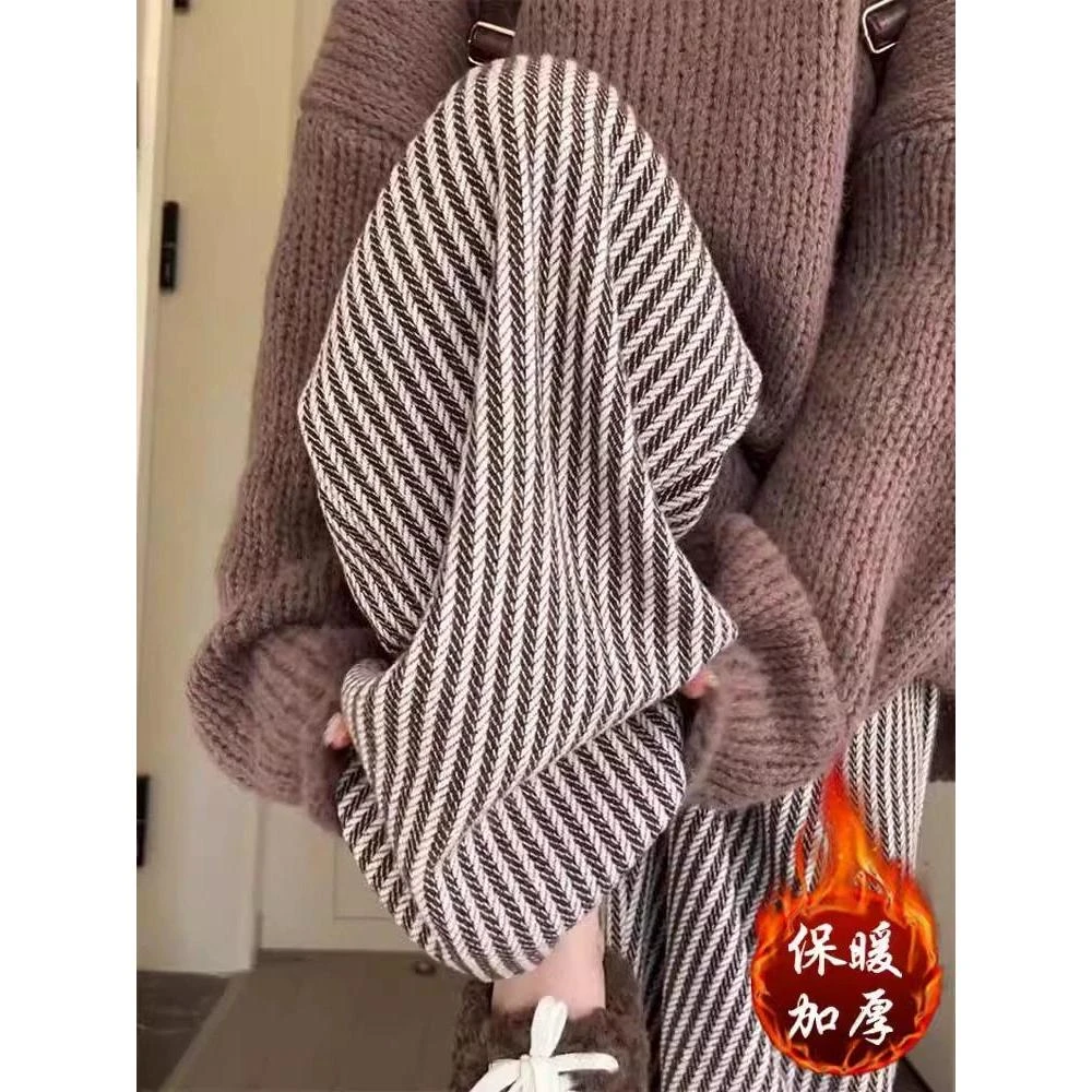 孕妇裤子秋冬季加绒2023新款阔腿裤孕早期咖色竖条复古休闲直筒裤