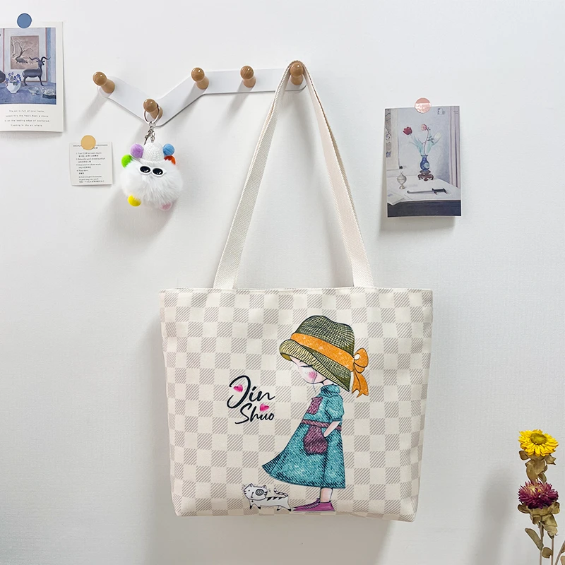 2024时尚秋冬格子草帽女孩百搭帆布包托特包大容量包单肩包斜挎包