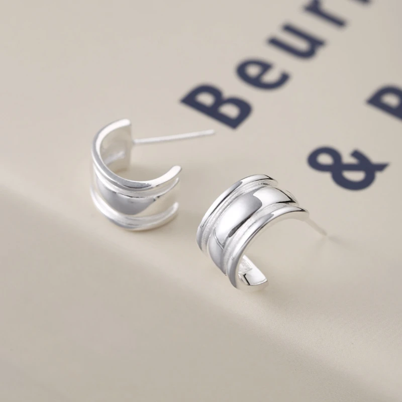 925银耳饰 C形宽面耳钉女韩国ins轻奢气质冷淡风时髦个性潮耳饰