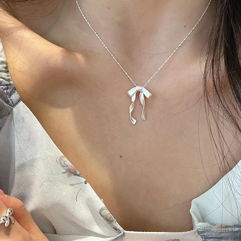 坠链均925银 925纯银蝴蝶结项链女简约甜美名媛风飘带气质锁